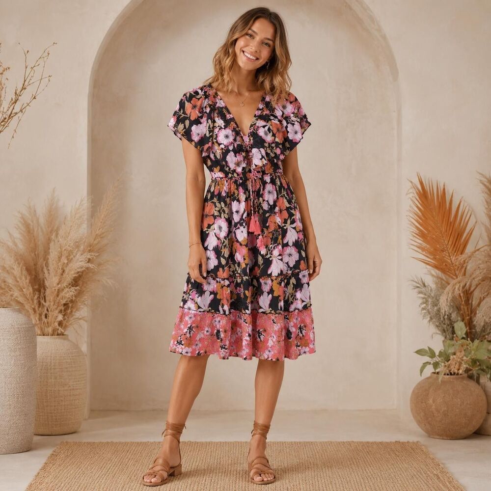 RAGA Women's New Knee Length Dress SMALL Floral Boho Ruffle Black Pink R4508